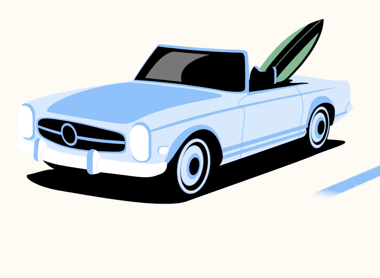 Light blue convertible with surfboard illustrating a smooth VahanReady driving license journey